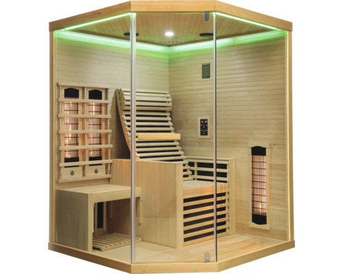 Innenansicht einer Infrarotsauna aus Holz mit Glasfront und Liegebänken