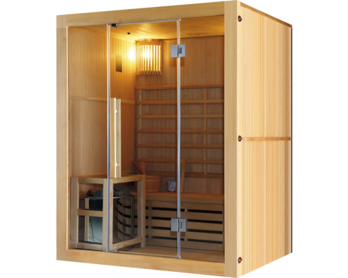 Holzsauna mit Glastür und Inneneinrichtung