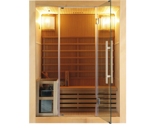 Holzsauna mit Glastür und Innenausstattung