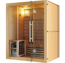 Holzsauna mit Glastür und Bänken