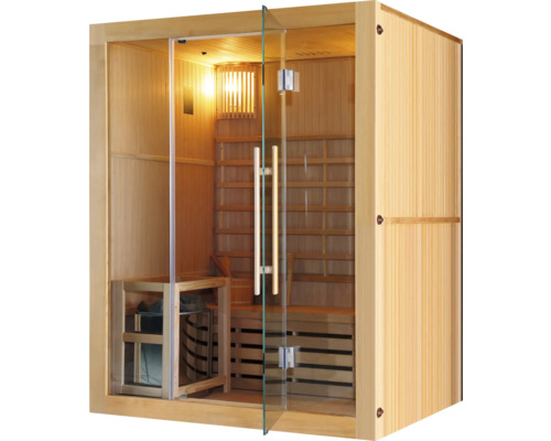 Holzsauna mit Glastür und Bänken