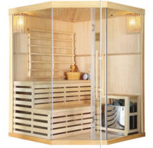 Holzsauna mit Glasfront, Bänken, Ofen und Zubehör