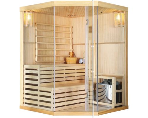 Holzsauna mit Glasfront, Bänken, Ofen und Zubehör