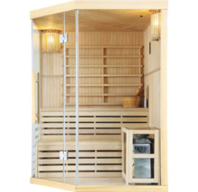 Innenansicht einer Sauna mit Holzbänken und Glasfront