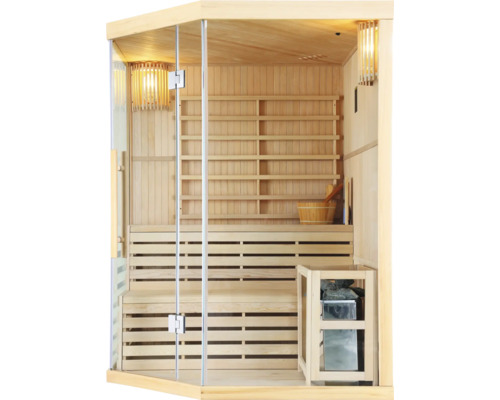 Innenansicht einer Sauna mit Holzbänken und Glasfront