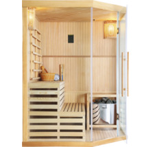 Innenansicht einer Sauna mit Holzbänken, Ofen und Glasfront