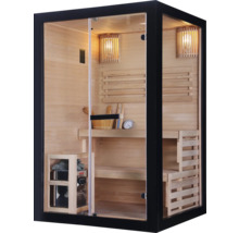 Sauna mit Holzbänken, Saunaofen und Glasfront
