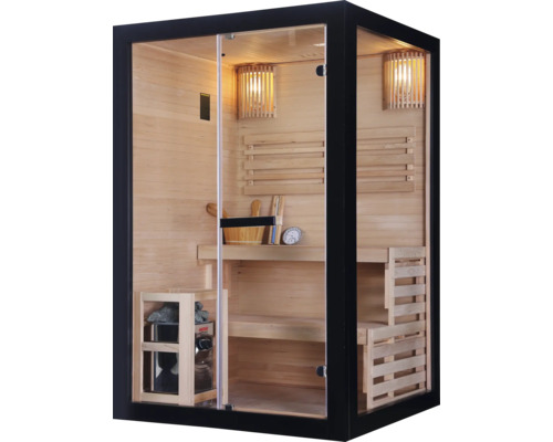 Elementsauna HomeLuxe Panorama Black inkl. 3,6 kW Ofen u.integr.Steuerung mit Glanglastüre aus Klarglas Sauna mit Holzbänken, Saunaofen und Glasfront