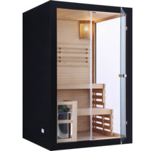 Sauna mit Glasfront, Holzbänken und Saunaofen