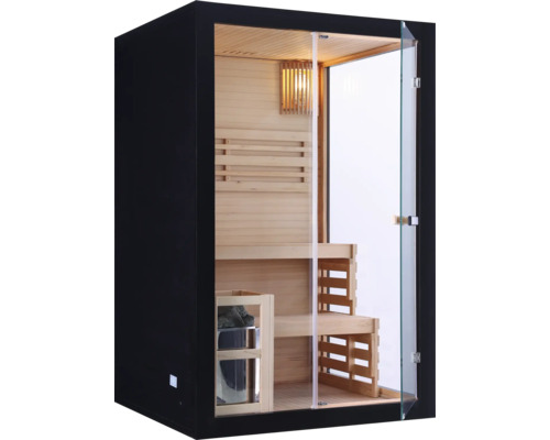 Sauna mit Glasfront, Holzbänken und Saunaofen