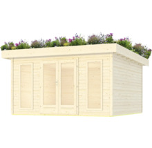 Holzgartenhaus mit Flachdach und Bepflanzung auf dem Dach.