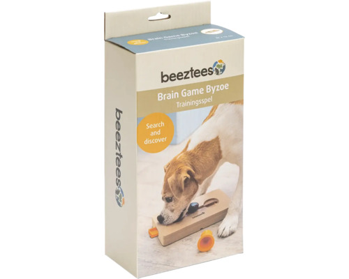 Beeztees Logo. Verpackung des Byzoe Intelligenzspielzeugs für Hunde.