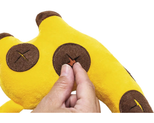 Stofftier mit Klettverschluss zum Befestigen.