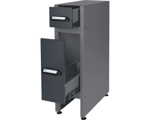 Grauer Schubladenschrank mit zwei offenen Schubladen zur Aufbewahrung