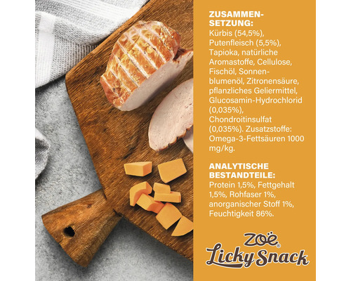 Zoe Licky Snack Hundesnack auf einem Holzbrett mit Zutaten