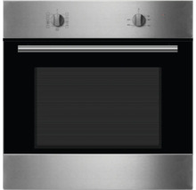 Edelstahl Einbaubackofen mit schwarzer Glastür und Drehknöpfen