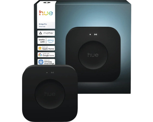 Philips Hue Bridge Pro Smart Hub in Schwarz mit Verpackung und Logos für Matter, Alexa, Apple Home, Google Home und Samsung SmartThings.