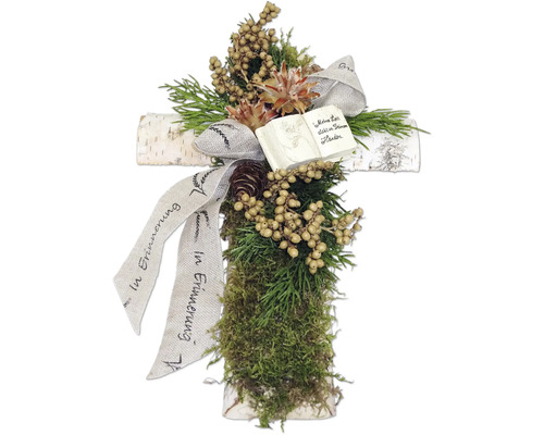 Grabgesteck Birkenholzkreuz mit Keramikbuch creme L ca. 34 cm B ca. 22 cm H ca. 9 cm Dekoratives Kreuz mit floralen Elementen und Schleife zur Erinnerung