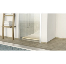 Badezimmer mit Handtuchleiter, Dusche und Holzboden