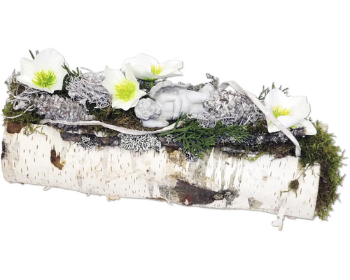 Dekoration mit Engel, Blumen und Baumrinde