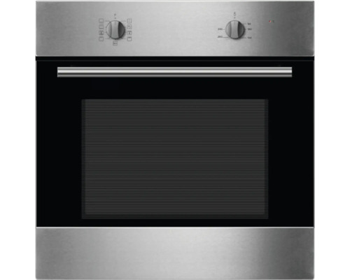 Edelstahl Einbaubackofen mit schwarzer Glastür und Drehknöpfen