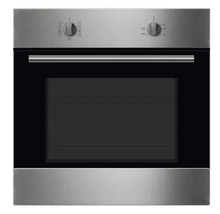 Edelstahl Einbaubackofen mit schwarzer Glastür und Drehknöpfen