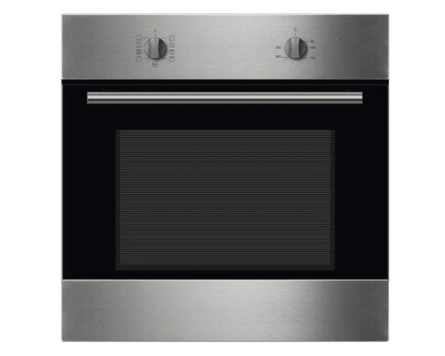Edelstahl Einbaubackofen mit schwarzer Glastür und Drehknöpfen