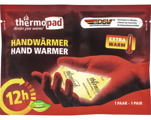 Thermopad Handwärmer Packung mit der Aufschrift 'Hält Sie warm!'