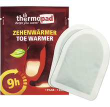 Thermopad Zehenwärmer im geöffneten Karton und zwei einzelne Wärmepads