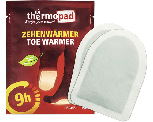 Thermopad Zehenwärmer im geöffneten Karton und zwei einzelne Wärmepads