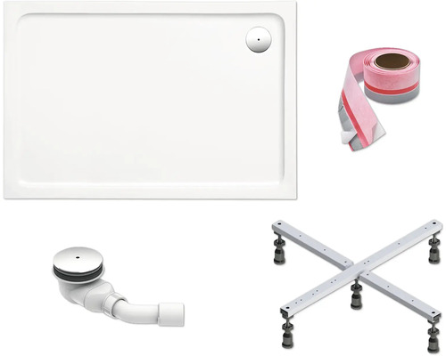 Komplettset für Dusche mit Duschwanne, Ablaufgarnitur, Dichtband und Fußgestell