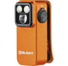 Orangefarbene Olight Arbeitsleuchte mit drei LEDs und Einstellrad.