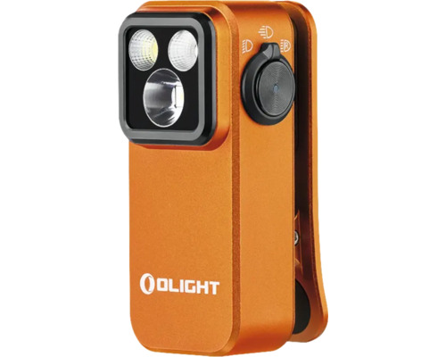 LED Taschenlampe Olight mit Clip orange Orangefarbene Olight Arbeitsleuchte mit drei LEDs und Einstellrad.