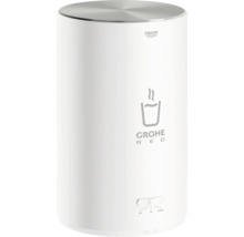 Zylindrischer Grohe Red Heißwasserboiler aus Metall mit Grohe Logo und Schalter für die Einstellungen Ein, Aus und Ferienmodus.