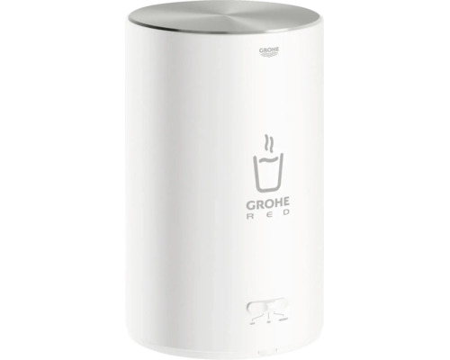 Zylindrischer Grohe Red Heißwasserboiler aus Metall mit Grohe Logo und Schalter für die Einstellungen Ein, Aus und Ferienmodus.