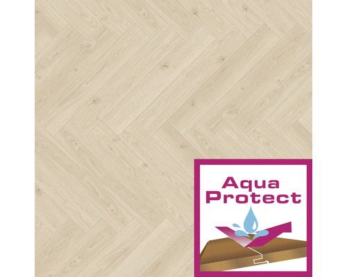 Heller Laminatboden im Fischgrätmuster mit Aqua Protect Siegel