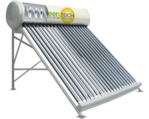 GreenTech Solarthermieanlage mit Vakuumröhrenkollektoren und Warmwasserspeicher auf einem Metallgestell.