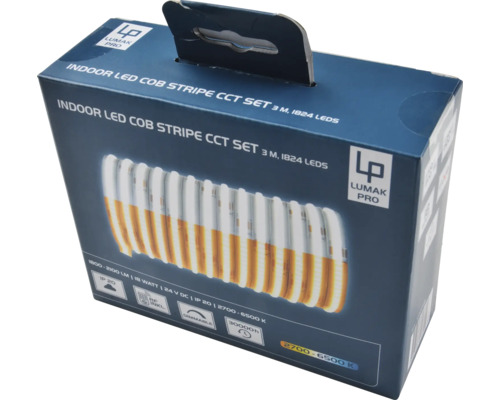 Verpackung einer LED COB Stripe CCT Set Innenleuchte von Lumak Pro, 3 Meter lang, 1824 LEDs