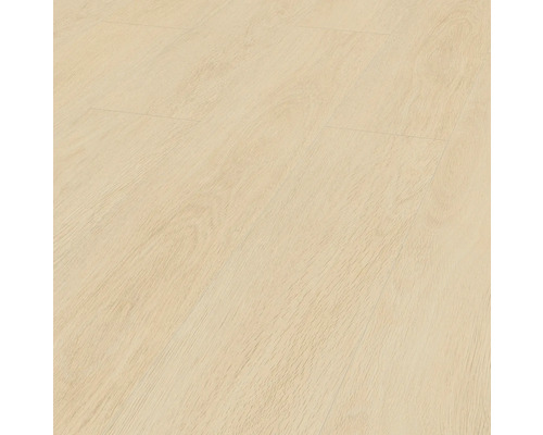 Swiss Krono Laminat Eleganz beige Eiche Landhausdiele 1845 x 244 x 10 mm Nahaufnahme eines hellen Laminatbodens mit Holzstruktur