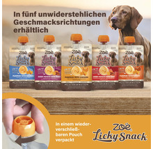 Zoë Licky Snack Hundesnacks in fünf verschiedenen Geschmacksrichtungen, verpackt in wiederverschließbaren Beuteln.