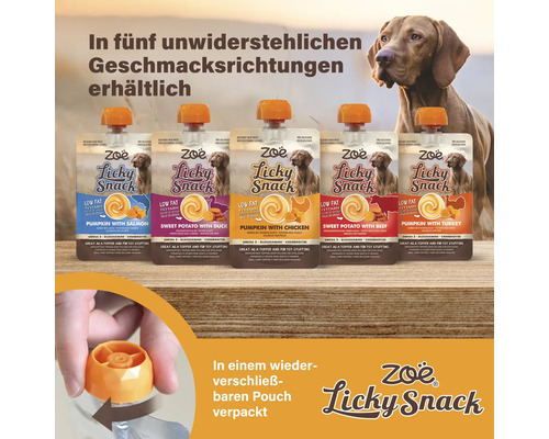 Zoë Licky Snack Hundesnacks in fünf verschiedenen Geschmacksrichtungen, verpackt in wiederverschließbaren Beuteln.