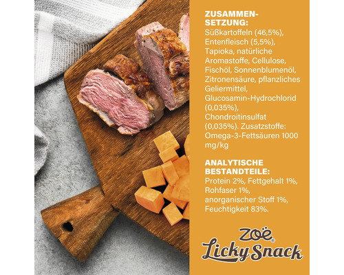 Zusammensetzung und analytische Bestandteile von Zoë Licky Snack auf Holzbrett