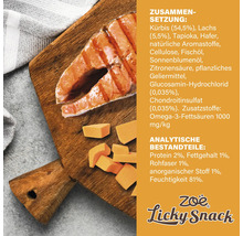 Zusammensetzung und Inhaltsstoffe eines Zoë Licky Snacks auf einem Holzbrett