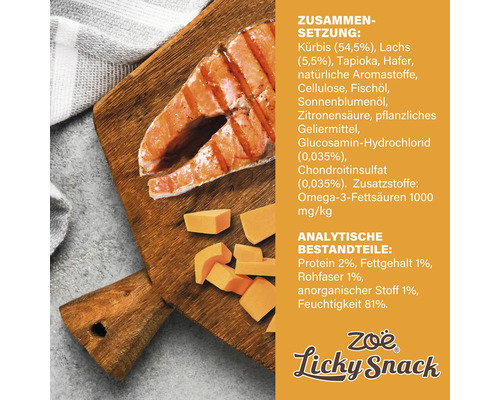 Zusammensetzung und Inhaltsstoffe eines Zoë Licky Snacks auf einem Holzbrett