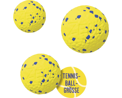 Gelber Hundeball mit blauen Punkten in Tennisballgröße