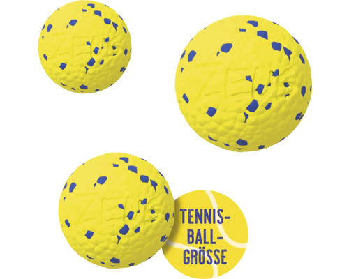Drei gelbe Hundespielbälle mit blauen Punkten in Tennisballgröße