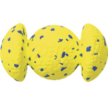Gelbes Hundespielzeug in Bonbonform mit blauen Flecken