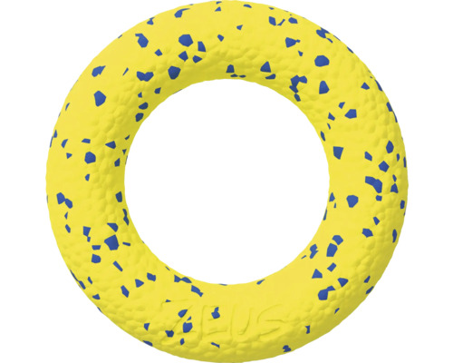 Gelber Hundespielzeugring mit blauen Flecken
