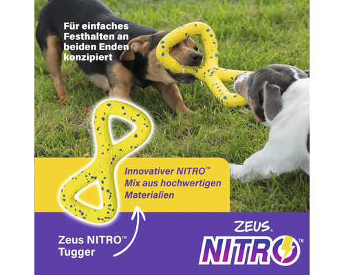 Zwei Hunde spielen mit einem gelben Zeus Nitro Tugger-Hundespielzeug im Freien