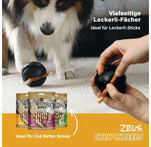 Hundespielzeug mit Snacks und Hund im Hintergrund